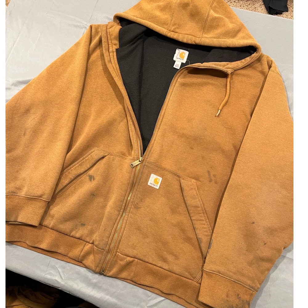 Carhartt Rain Defender Mens 2XL Brown Thermal Lined Zip Up Hoodie Work Jacket